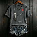Women's Vintage Skeleton Lost Balloon Well Shit Funny Skeleton Graphic Print Casual T-shirt