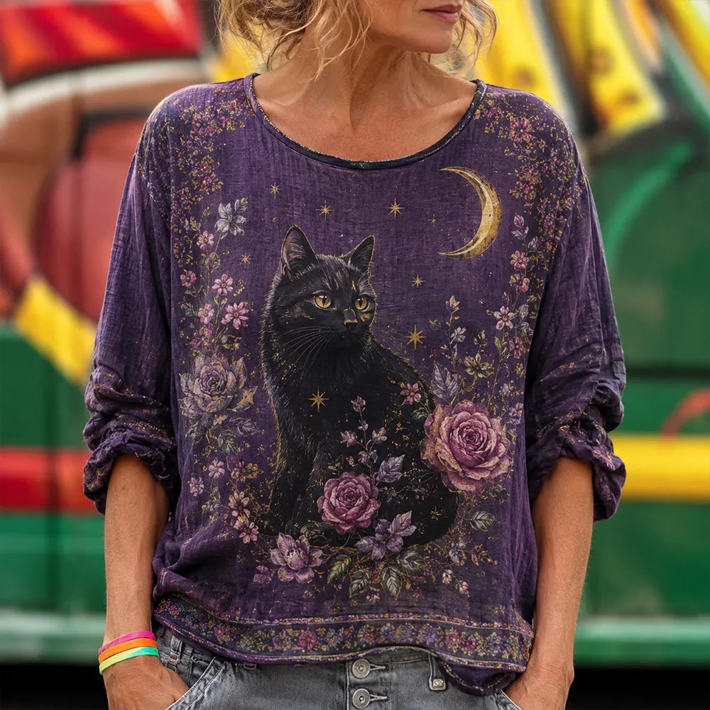 Women's Vintage Black Cat & Crescent Moon Print Long-sleeve Casual Blouse