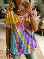 Women's Vintage Sunny Art Print Flowy Linen Blend  Round Neck Linen Tops