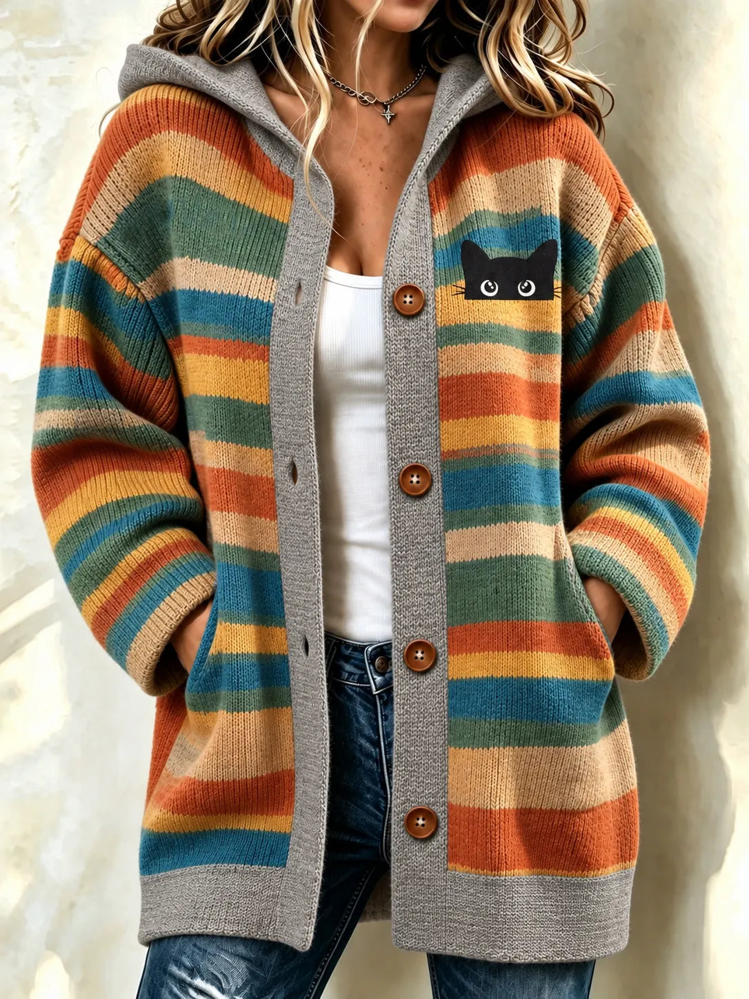 Women's Peeking At The Black Cat With Colorful Stripes Jacquard Knit Cardigan