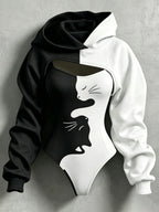 Women's Retro Halloween Color Block Cat Print Hoodie Two-piece Set