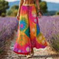 Women's Hippie Peace Sign Flowers Tie Dye Patchwork Print Linen Blend Pants