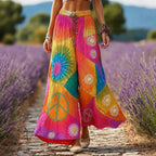Women's Hippie Peace Sign Flowers Tie Dye Patchwork Print Linen Blend Pants