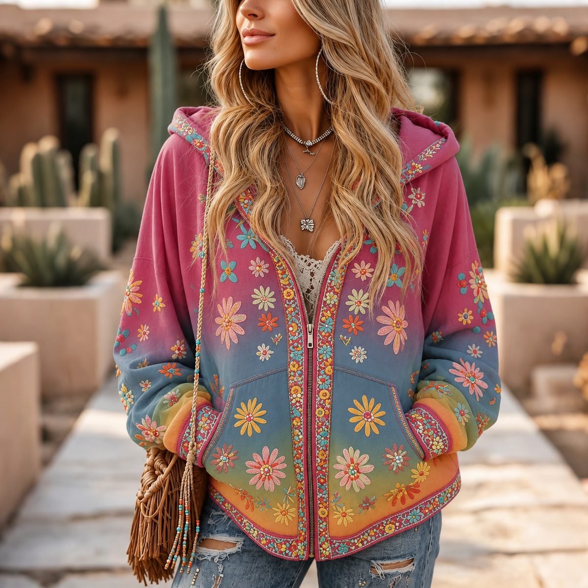 Women's Vintage Hippie Floral Art Cozy Warm Zipper Hoodie