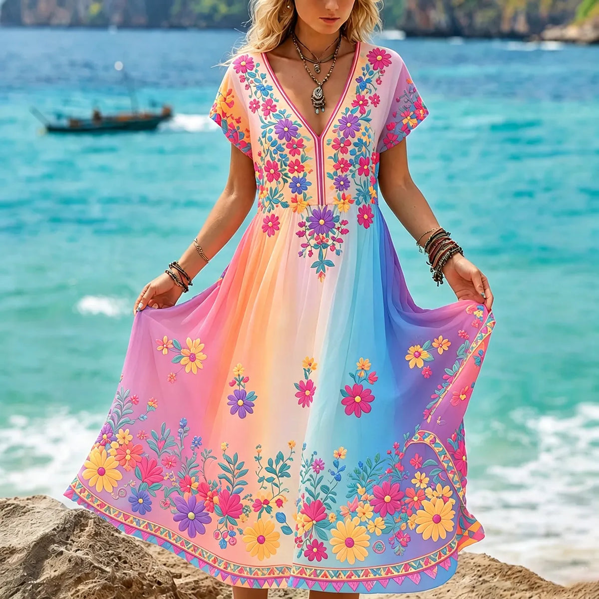 Women's Retro Hippie Style Floral Print Linen V-neck Short Sleeve Long Dress