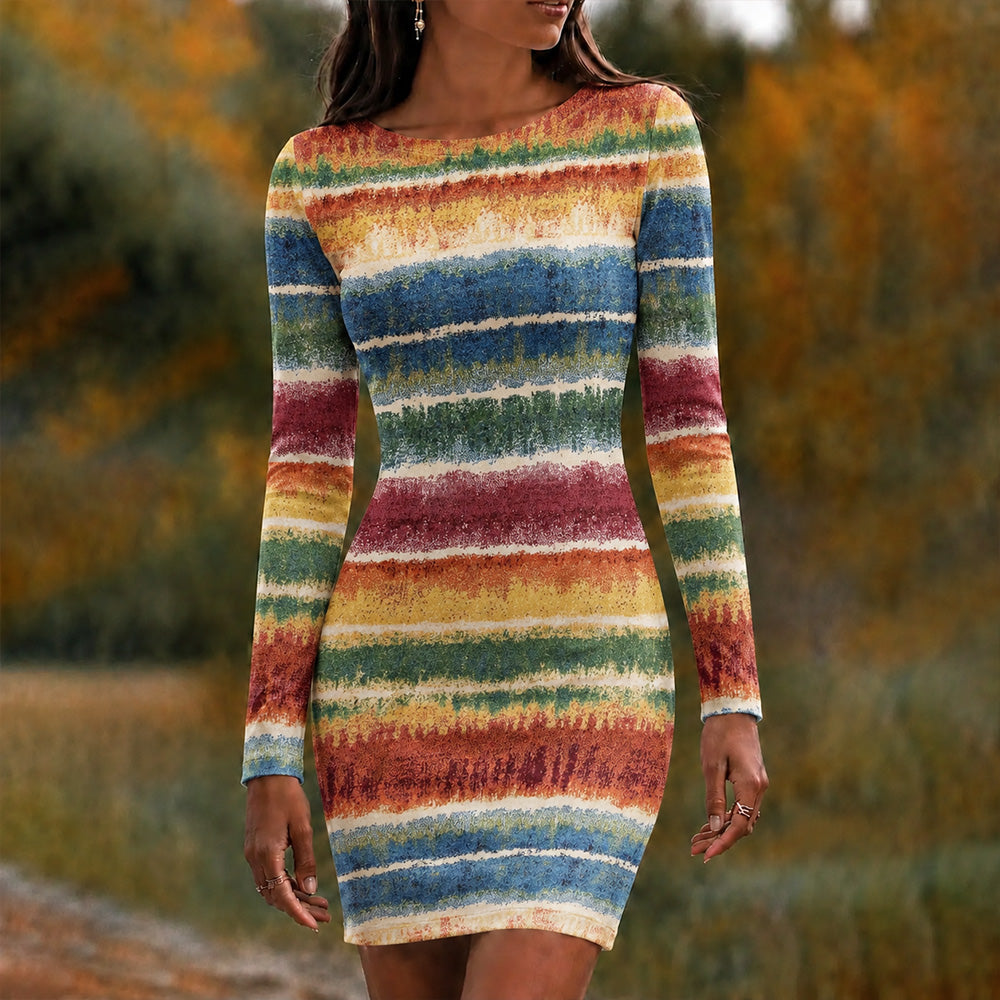 Women's Vintage Colorful Geometric Stripe Art Print Slim Fit Crew Neck Dress