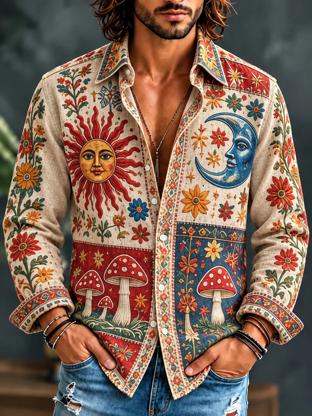 Men's Hippie Celestial Elements Mushroom Floral Print Long Sleeve Shirt