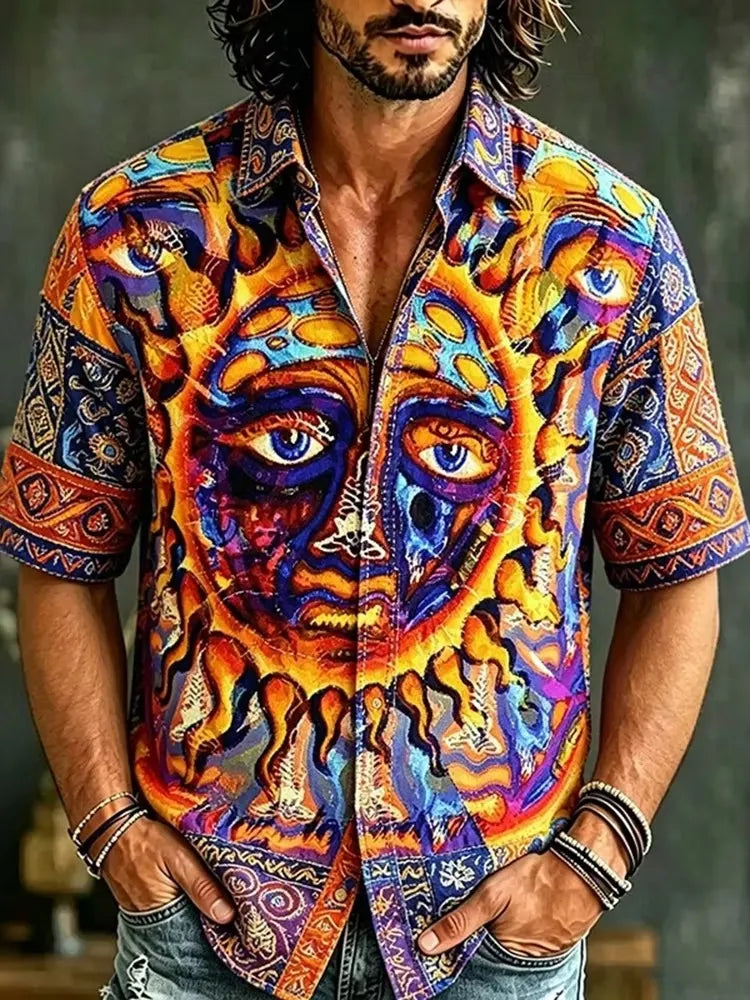 Men's Psychedelic Sun Face Print Short Sleeve Buttons Shirt
