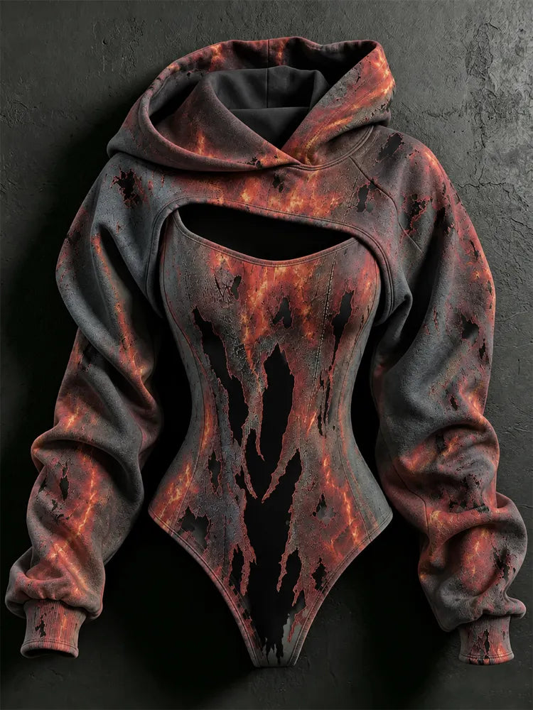 Women's Halloween Flame Burned Hole Print Hoodie Set, 2 Pieces