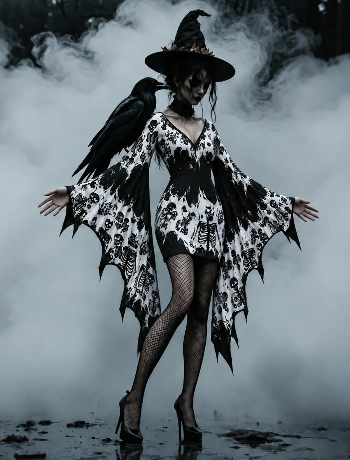 Women's Gothic Skeleton Print Batwing Flare Sleeve V Neck Bodycon Dress – Halloween Costume
