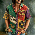 Men's Live Loud Music Retro Patchwork Print Short Sleeve Buttons Shirt