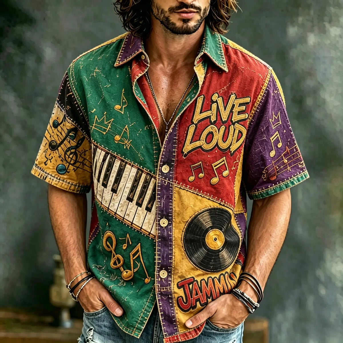 Men's Live Loud Music Retro Patchwork Print Short Sleeve Buttons Shirt
