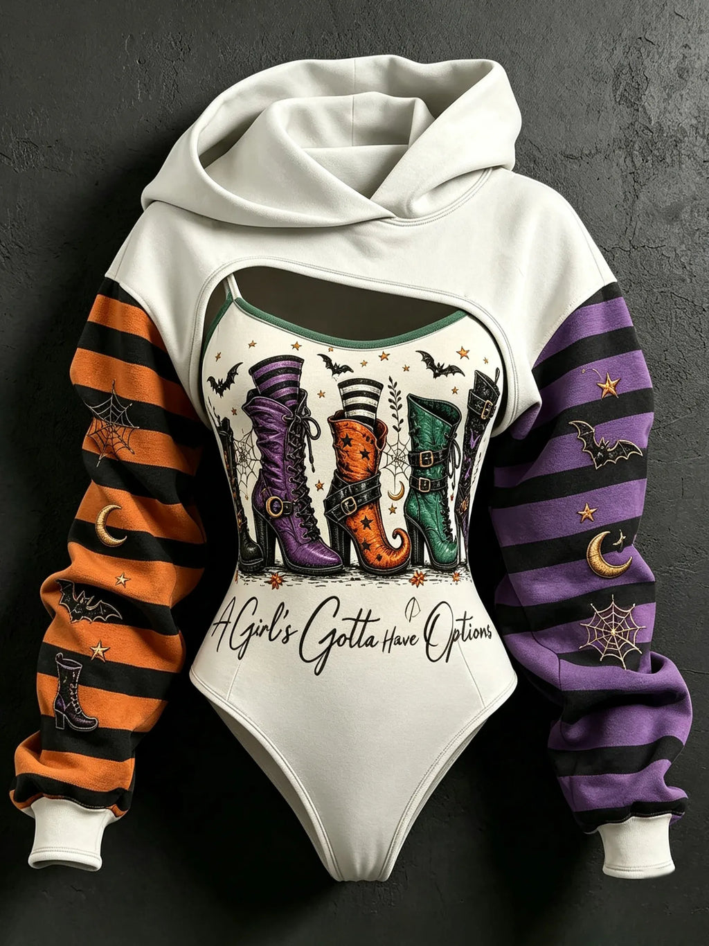 Women's Halloween Striped Bat And Star Print Hoodie Two-piece Set