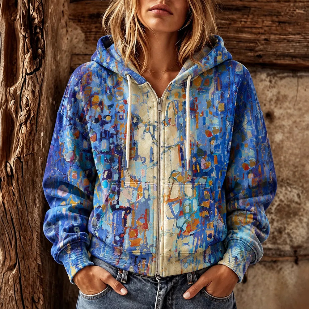 Women's Retro Geometric Oil Painting Art Print Casual Zipper Hoodie