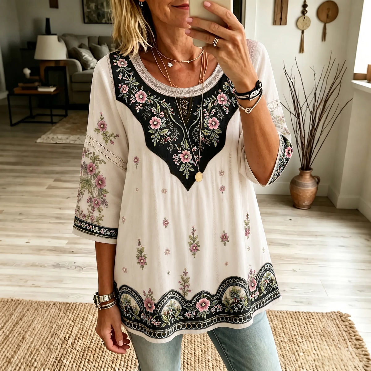 Women's Vintage Boho Floral Art Crew Neck Linen Blend T-shirt