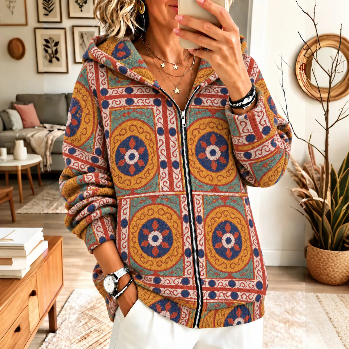 Women's Vintage Multi-color Bohe Pattern Print Knit Sweater