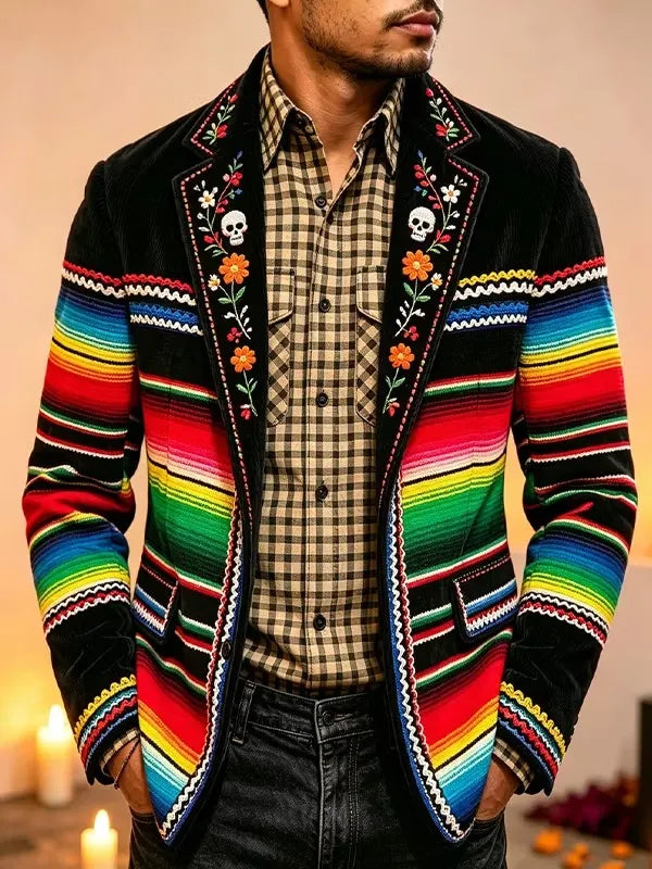 Men's Hippie Vibrant Rainbow Stripes White Skull Floral Sprigs Print Blazer