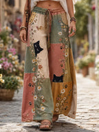 Women's Hippie Vintage Lovely Cat In Patchwork Art Linen Casual Pants