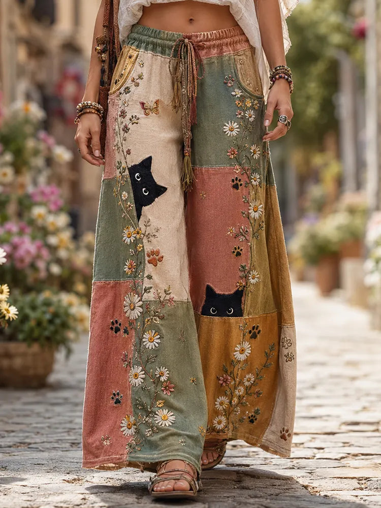 Women's Hippie Vintage Lovely Cat In Patchwork Art Linen Casual Pants