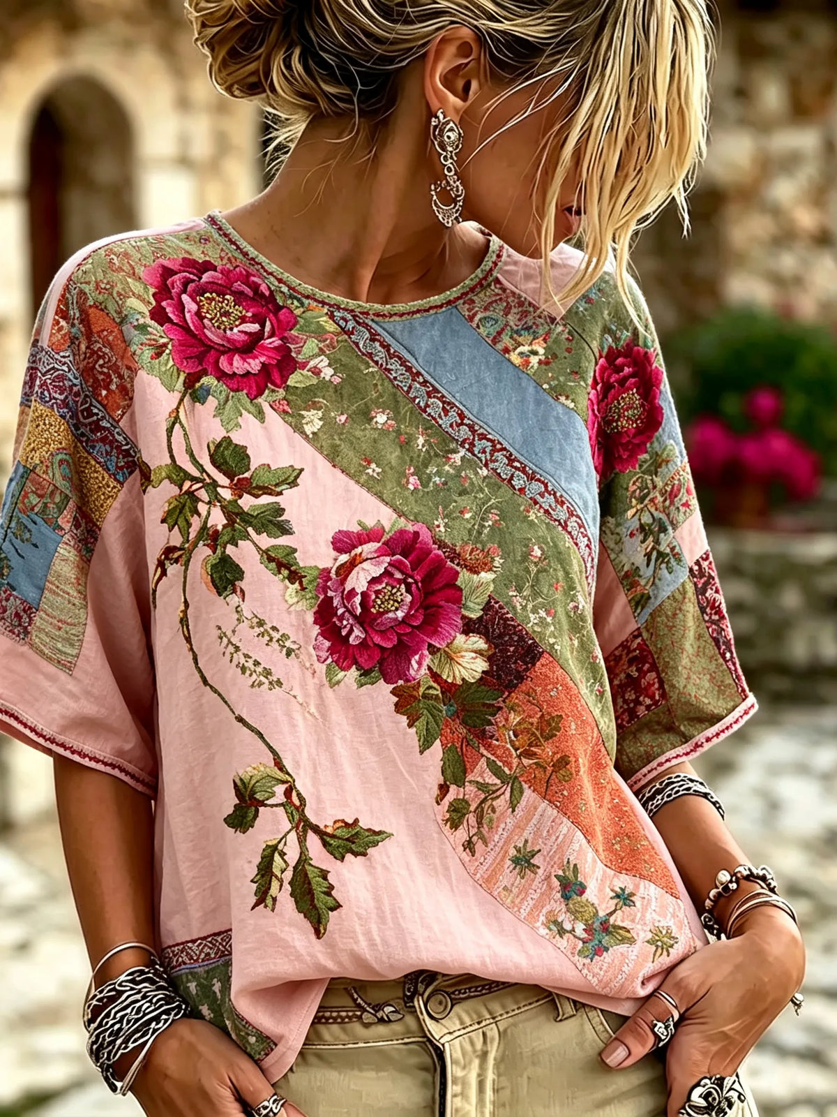 Women's Retro Bohemian Floral Color Block Pattern Mid-sleeve T-shirt