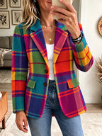 Women's Retro Multi-color Plaid Print Casual Corduroy Blazer
