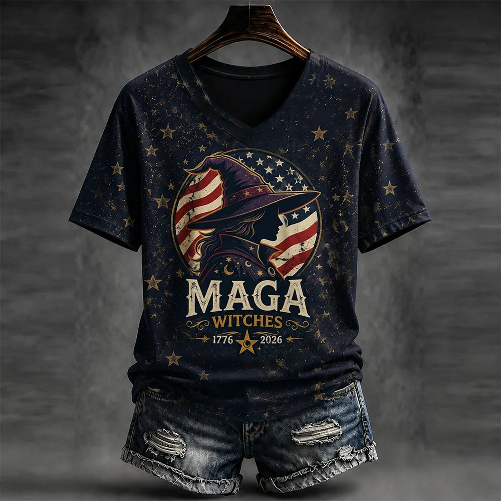 Women's Halloween Witch And American Flag Art Casual V-neck T-shirt