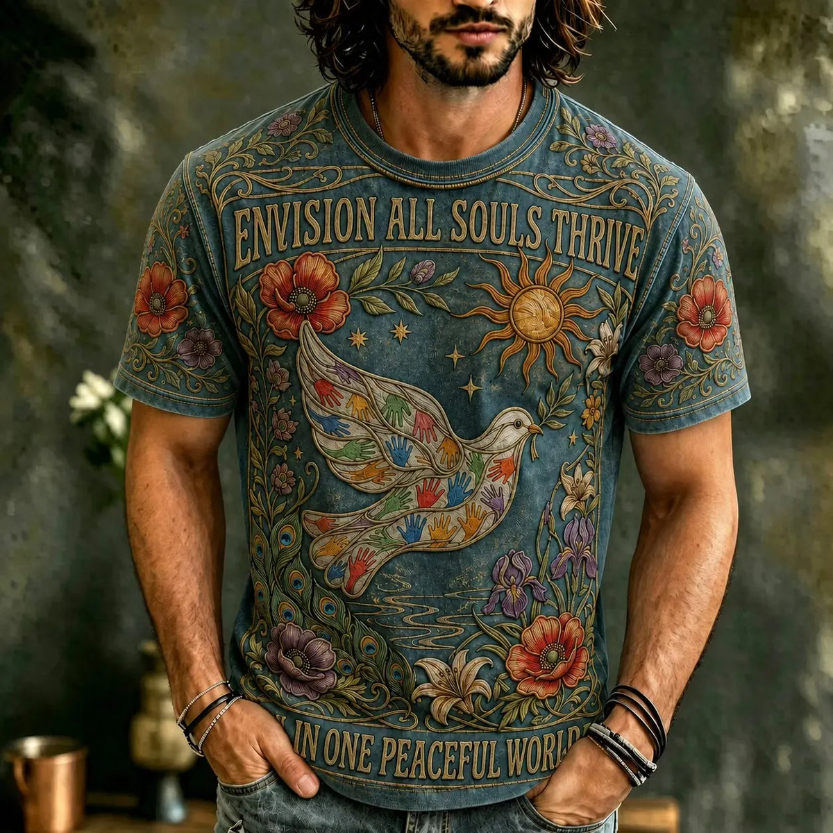 Men's Peace Dove Colorful Hand Floral Sun Text Print Crew Neck Short Sleeve T-Shirt