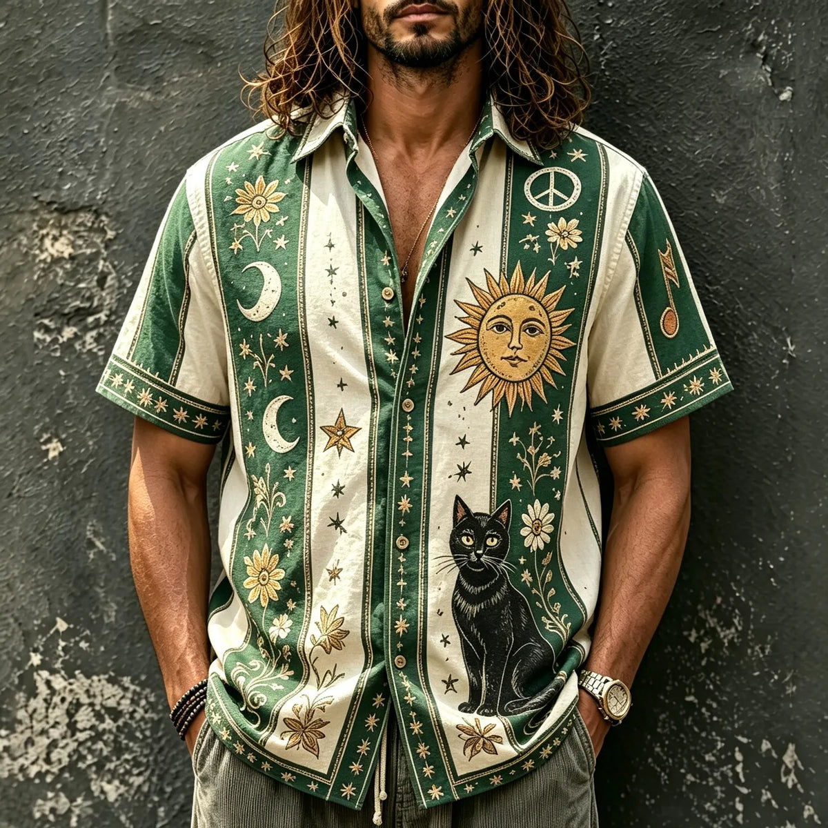 Men's Sun Moon Black Cat Peace Print Short Sleeve Buttons Shirt