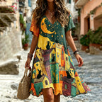 Vintage Moon Black Cat Town Oil Painting Print Boho Linen Vacation Midi Dress