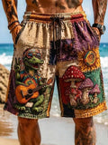 Men's Hippie Cool Crocodile Playing Guitar Mushrooms Print Drawstring Shorts