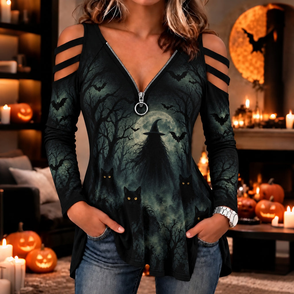 Women's Halloween Gothic Witch Moon Black Cat Print Drop-shoulder T-shirt