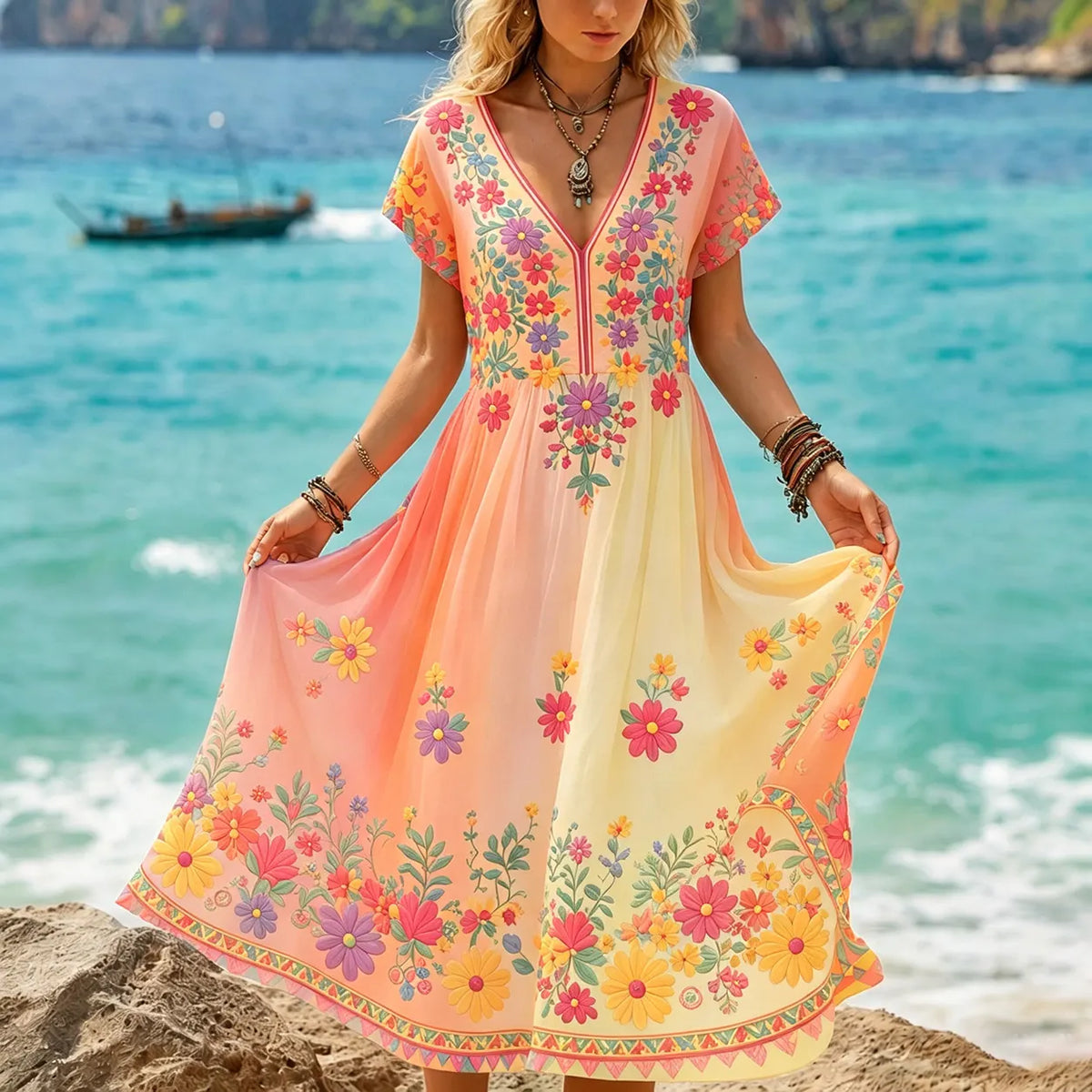 Women's Retro Hippie Style Floral Print Linen V-neck Short Sleeve Long Dress