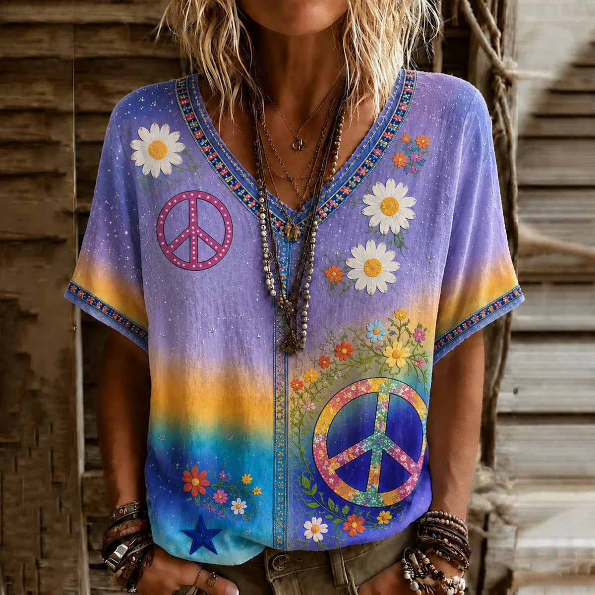 Women's Vintage Hippie Floral Patchwork Art Linen Blend Short Sleeve Tops