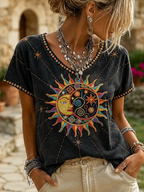 Bohemian Chic Women’s Embroidered Sun & Moon Casual Tee