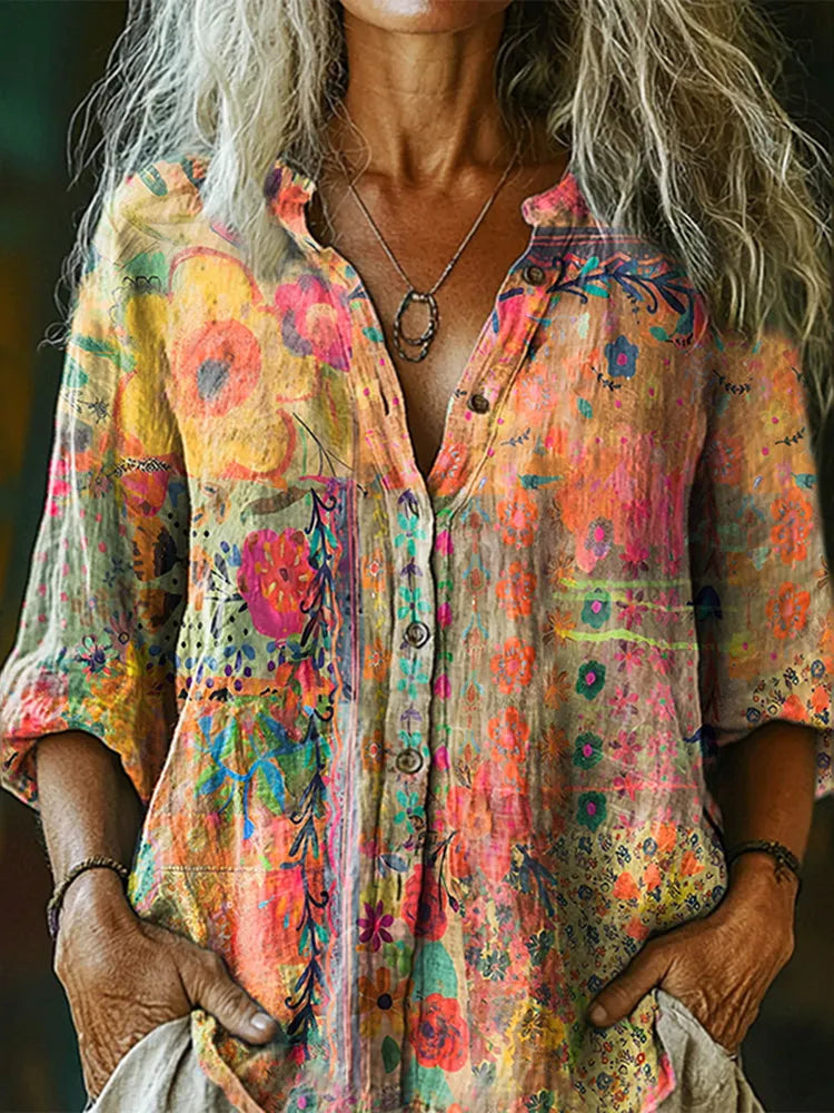 Women's Vintage Watercolor Flower Collage Art Print Casual And Linen Shirt
