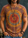 Men's Large Central Mandala With Radiating Florals Print Crew Neck Short Sleeve T-Shirt