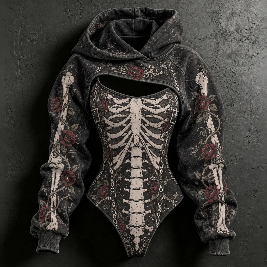 Women's Vintage Halloween Skeleton And Rose Art Print Hoodie Two Piece Set