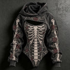 Women's Vintage Halloween Skeleton And Rose Art Print Hoodie Two Piece Set