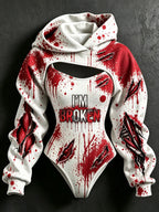Women's Retro Bloodstained Tear Wound "i'm Broken" Print Sweatshirt Two-piece Set