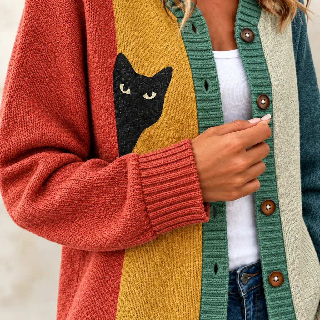 Women's Playful Black Cat Colorblock Design Relaxed Fit Button Front Knit Cardigan Sweater