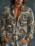 Men's Paisley Skulls Floral Swirl Print Long Sleeve Pocket Shirt