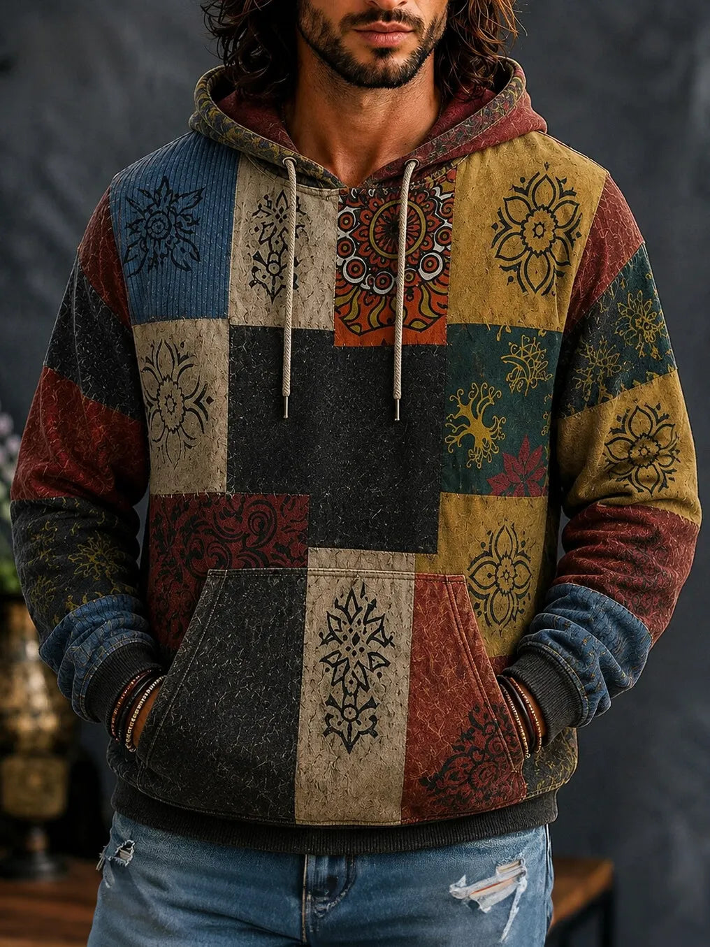 Men's Bohemian Multi‐Color Block Geometric Mandala Botanical Patterns Print Hoodies