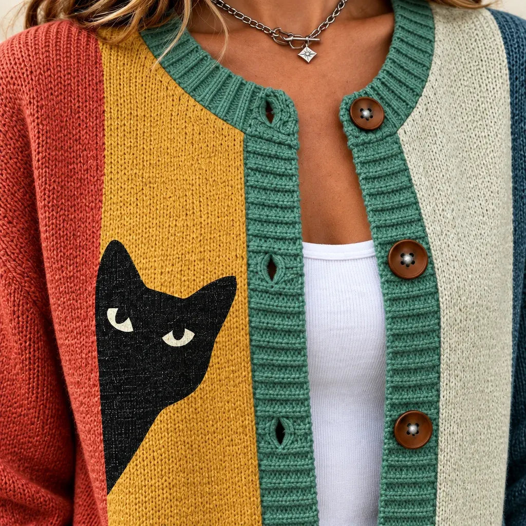 Women's Playful Black Cat Colorblock Design Relaxed Fit Button Front Knit Cardigan Sweater