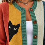 Women's Playful Black Cat Colorblock Design Relaxed Fit Button Front Knit Cardigan Sweater