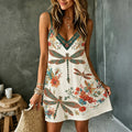 Women's Vintage Dragonfly And Floral Art Printed Linen Blend V Neck Camisole Mini Dress