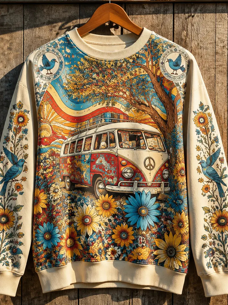 Women's Retro Bohemian Hippie Pattern Crew Neck Sweatshirt - Peace Van And Colorful Floral Art Pullover