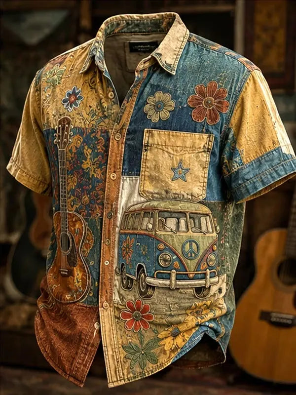 Men's Hippie Bus Guitar And Floral Vintage Patchwork Pattern Art Print Short Sleeve Pocket Shirt