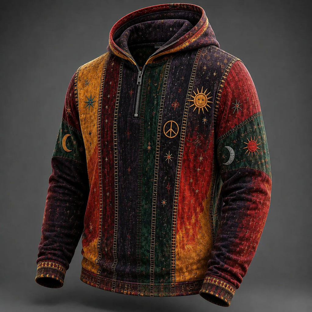 Men's Sun Moon Peace Vertical Stripes Print Zipper Hoodies