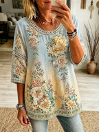 Women's Vintage Floral Art Print Crew Neck Linen Blend T-shirt