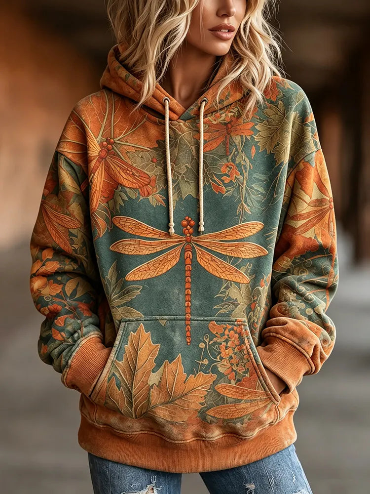 Women's Vintage Bohemian Fall Floral And Dragonfly Art Print Hoodie